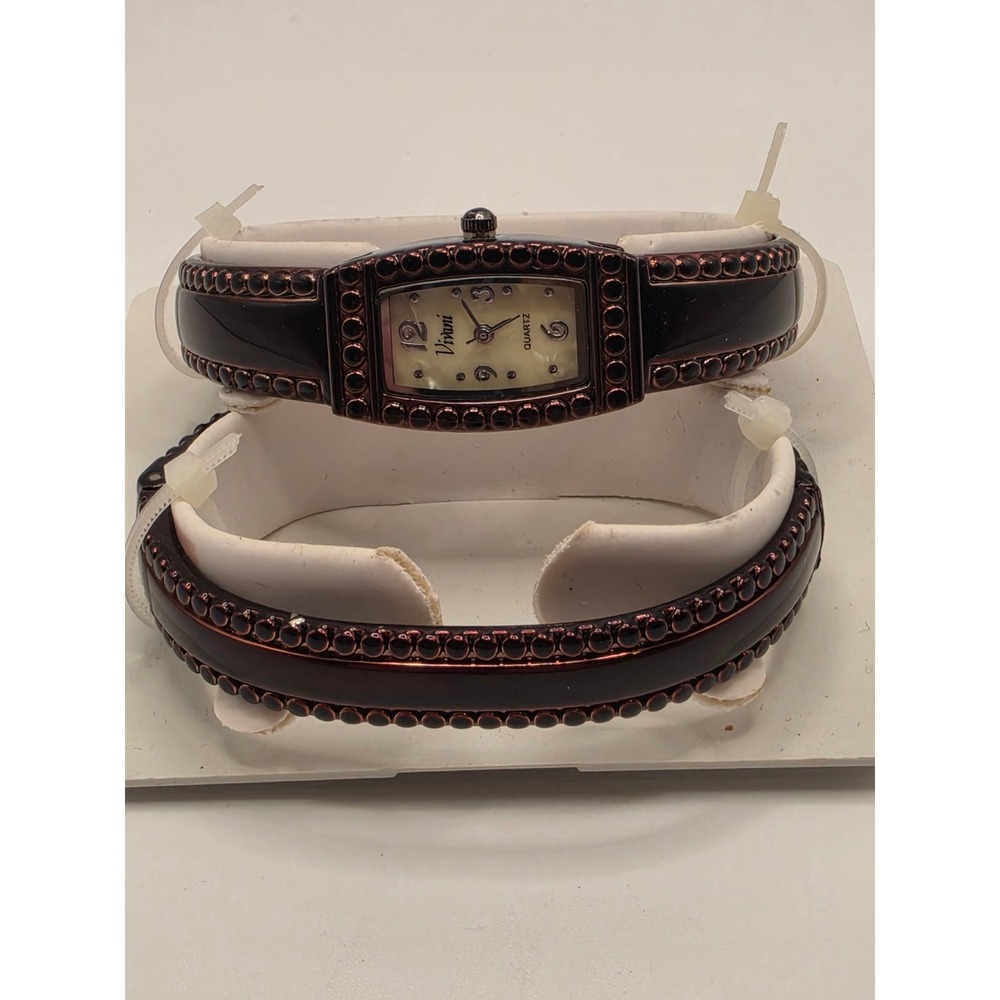 Vivani Womens Quartz Watch and Matching Cuff Bracelet Set Metallic Burgundy